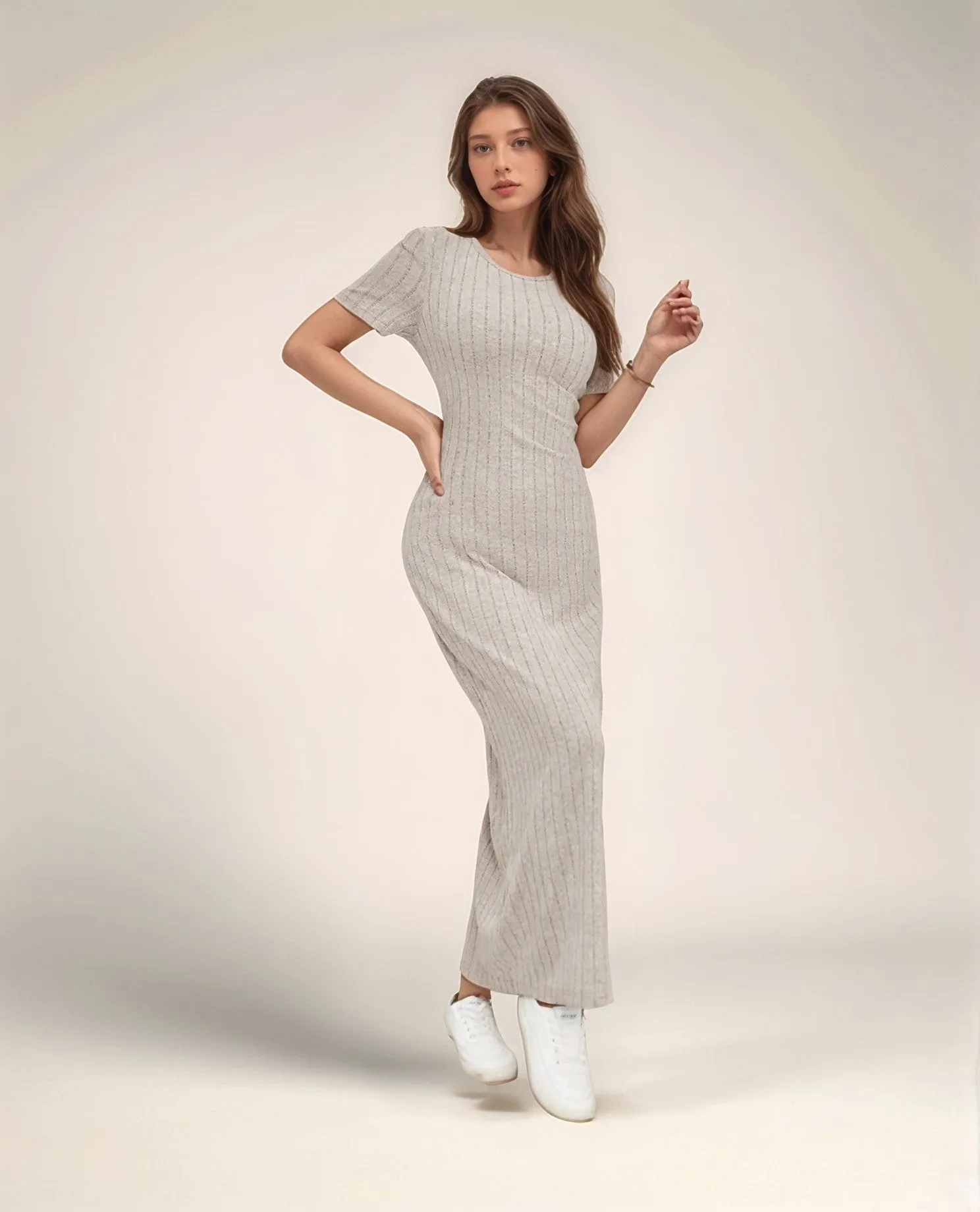 Beige Jersey High Slit Dress