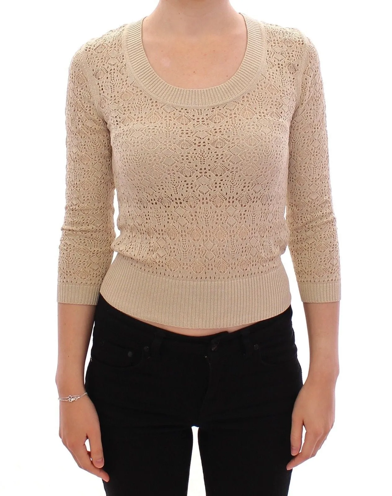 Beige Knitted Deep Crewneck 3/4 Sleeve Sweater