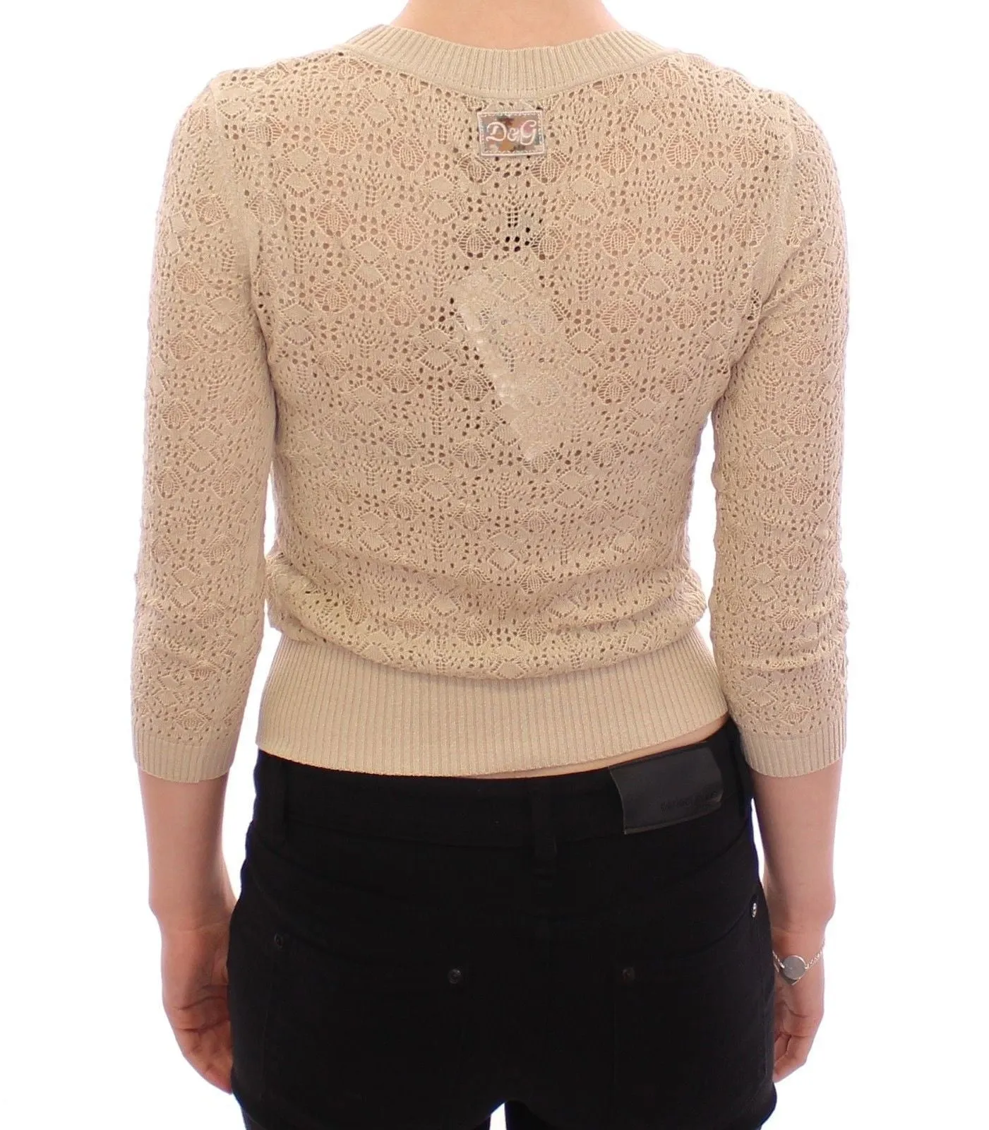 Beige Knitted Deep Crewneck 3/4 Sleeve Sweater