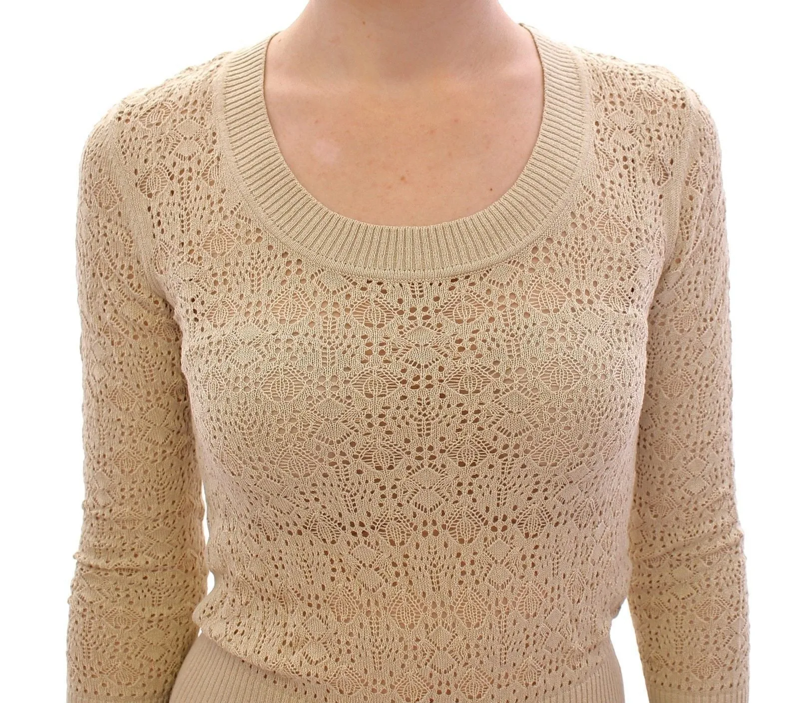 Beige Knitted Deep Crewneck 3/4 Sleeve Sweater