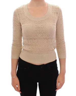 Beige Knitted Deep Crewneck 3/4 Sleeve Sweater