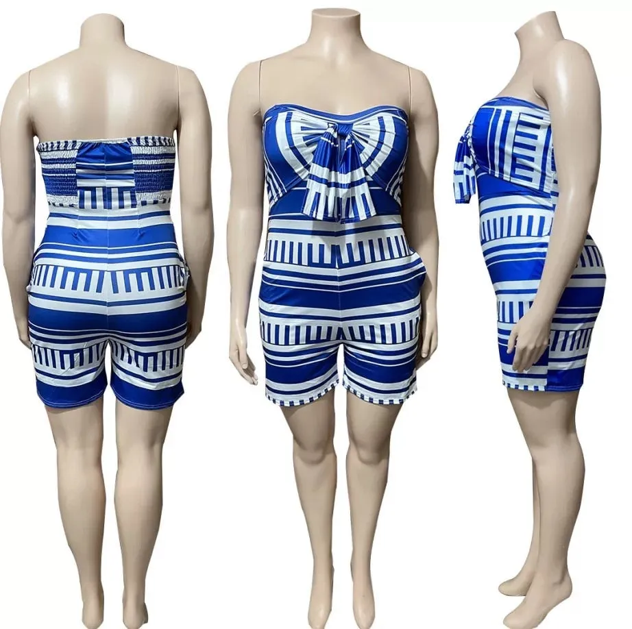 Big Bow Tie Front Striped Plus Size Stretchy Romper