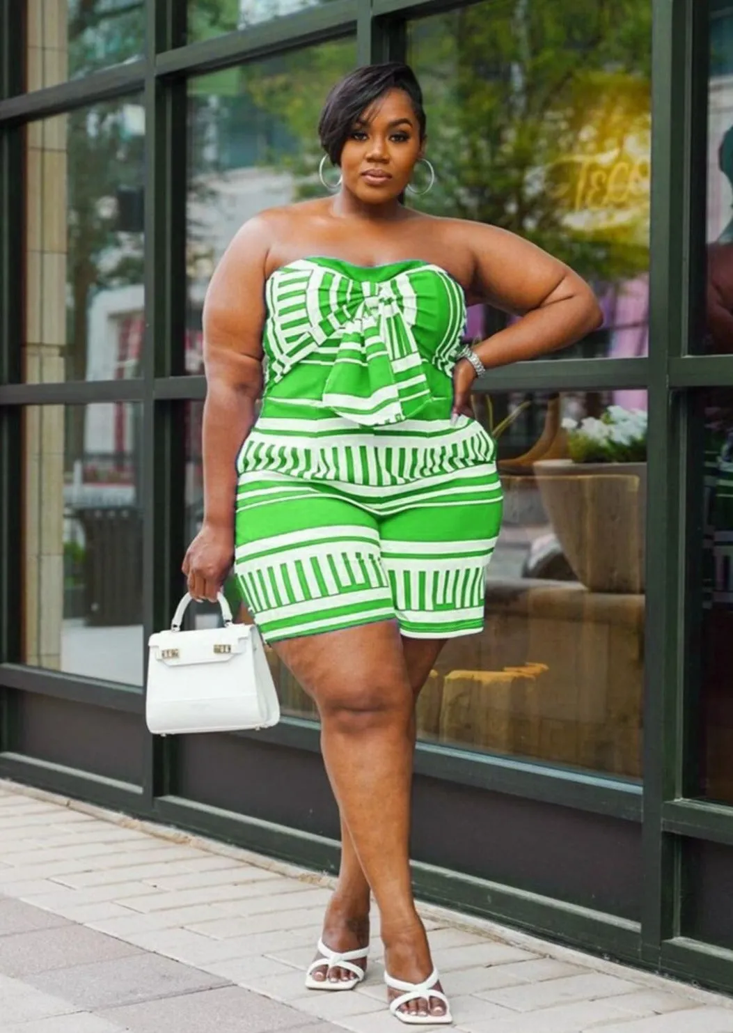 Big Bow Tie Front Striped Plus Size Stretchy Romper