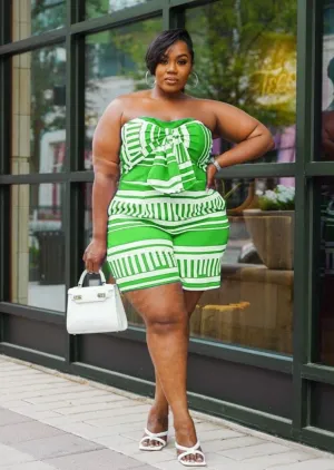 Big Bow Tie Front Striped Plus Size Stretchy Romper
