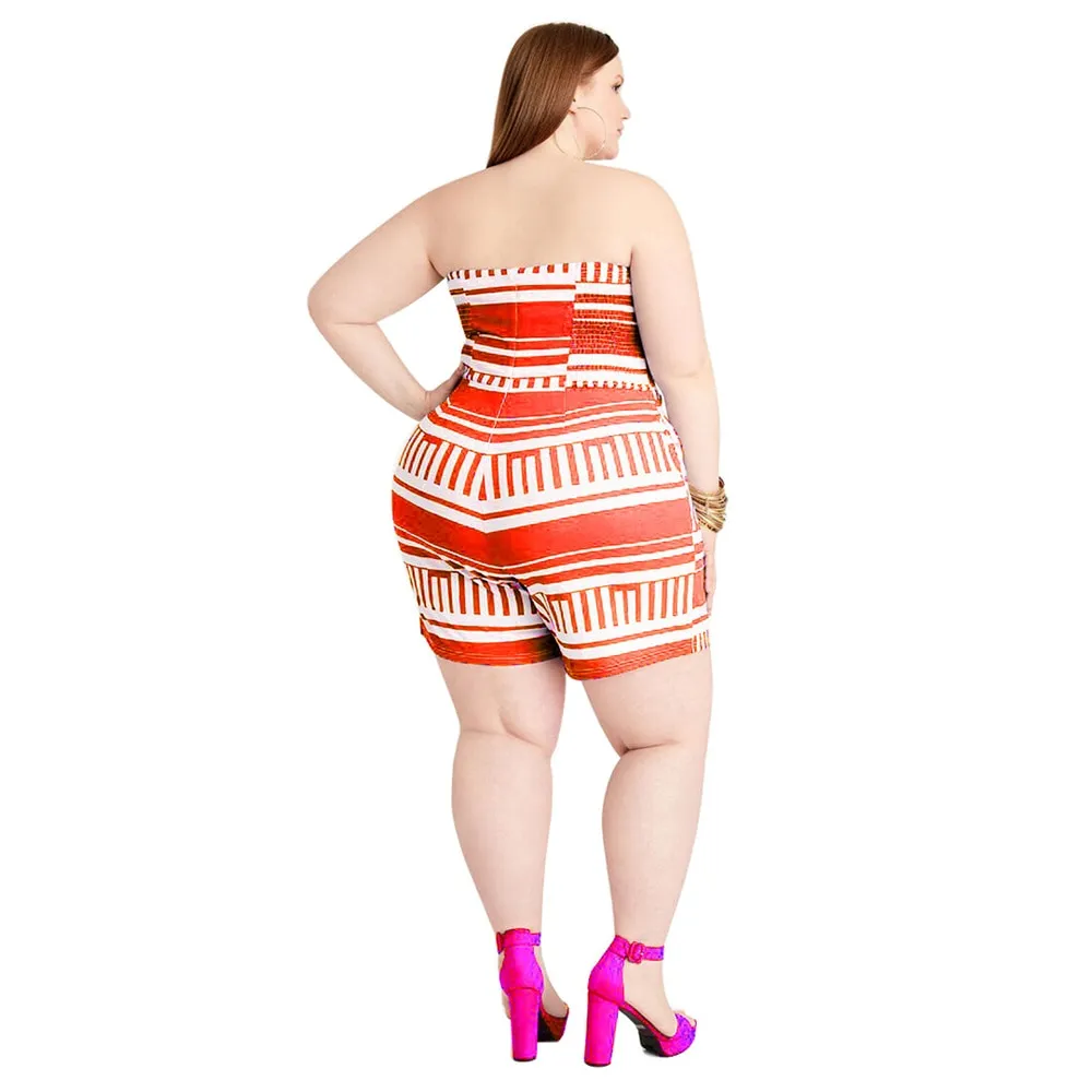 Big Bow Tie Front Striped Plus Size Stretchy Romper