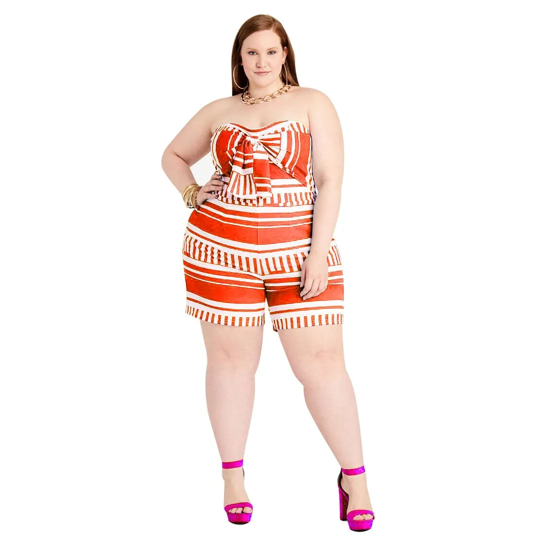 Big Bow Tie Front Striped Plus Size Stretchy Romper