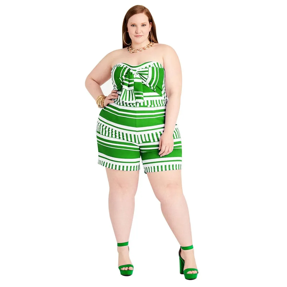 Big Bow Tie Front Striped Plus Size Stretchy Romper