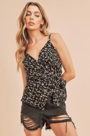 Black Ditsy Floral Surplice Adjustable Straps Cami