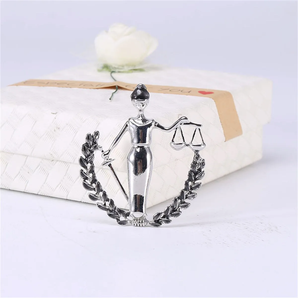 Black Enamel & Silver-Plated Libra Figure Brooch