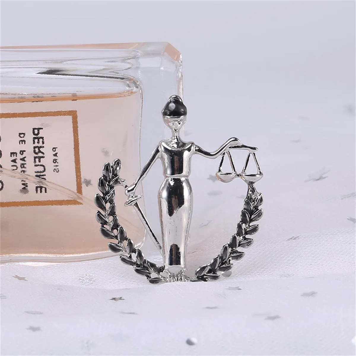 Black Enamel & Silver-Plated Libra Figure Brooch