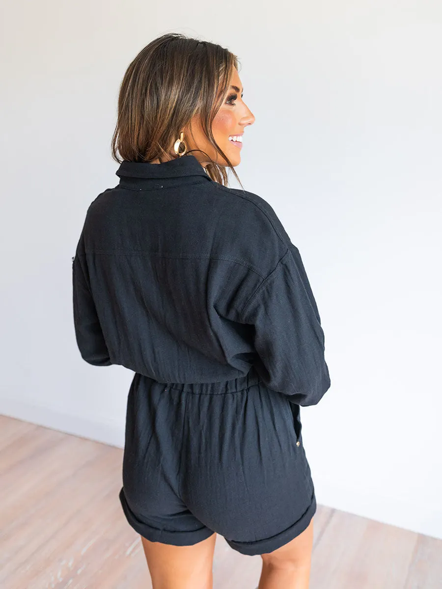 Black Long-Sleeve Tie-Waist Romper