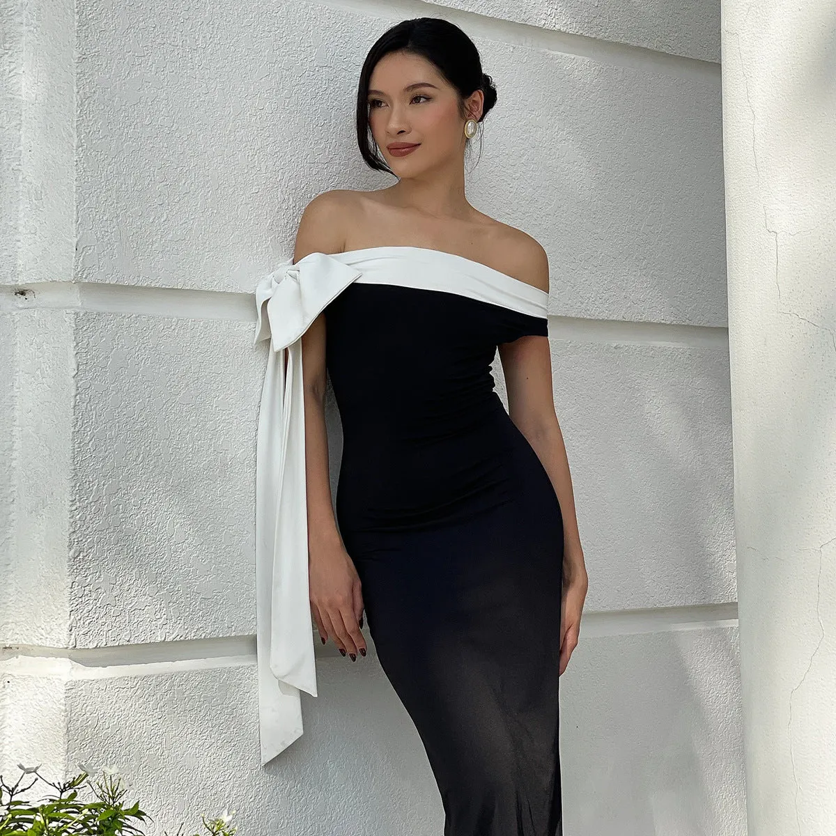 Black Off Shoulder Tie Up Dress
