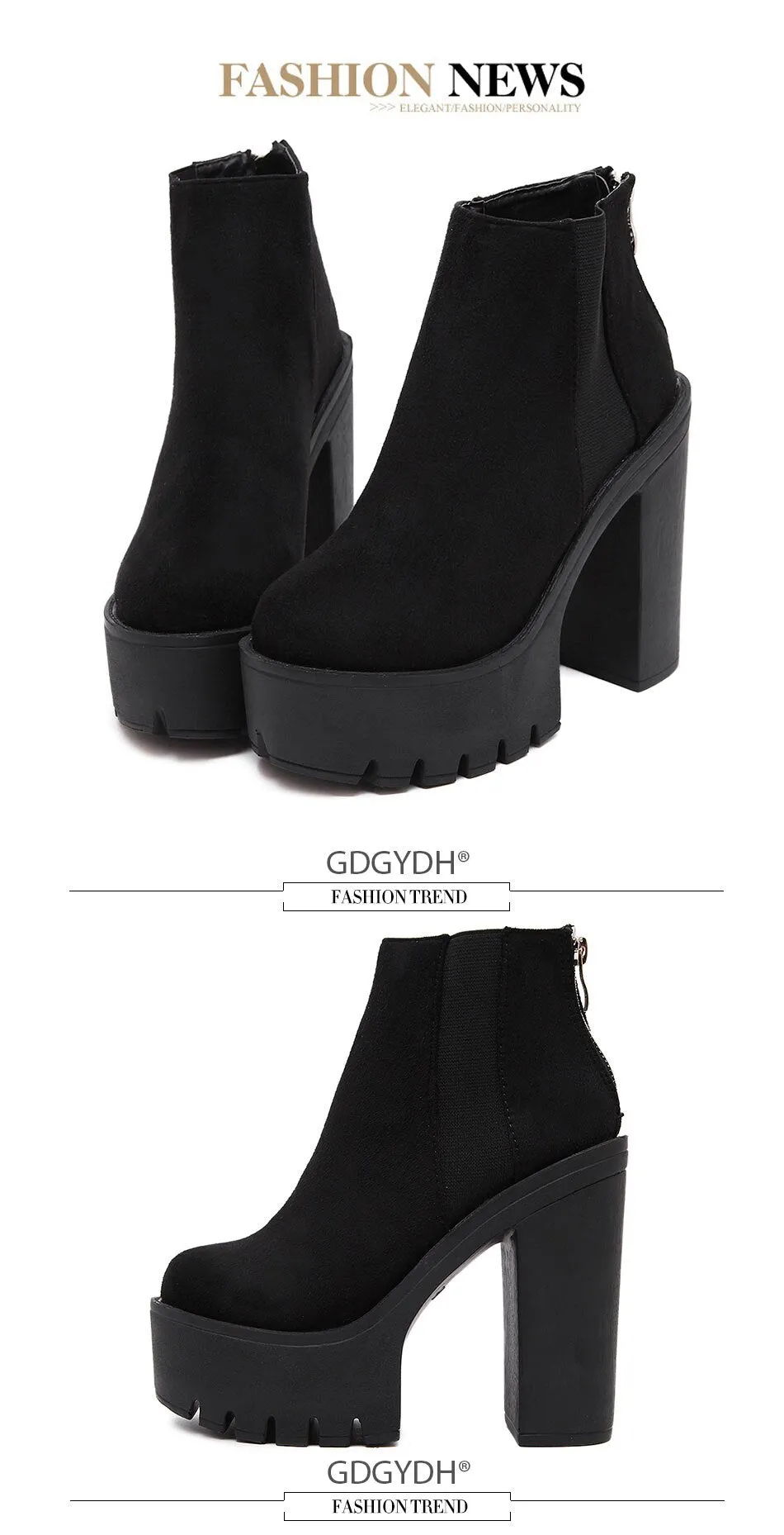 Black Zipper Ankle Boots with High Heel