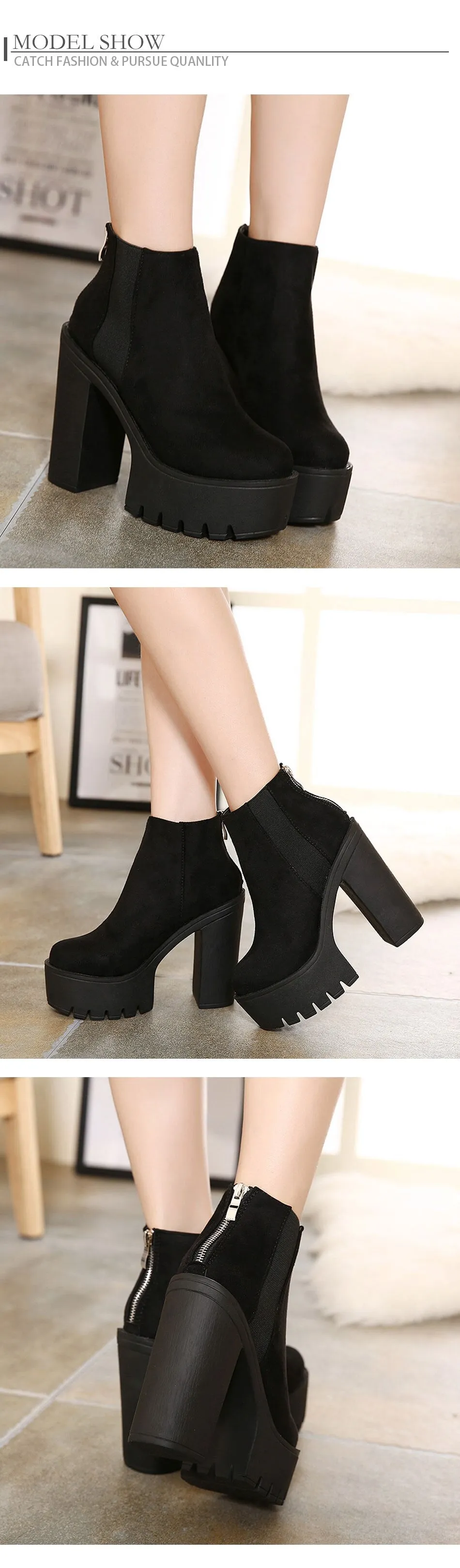 Black Zipper Ankle Boots with High Heel