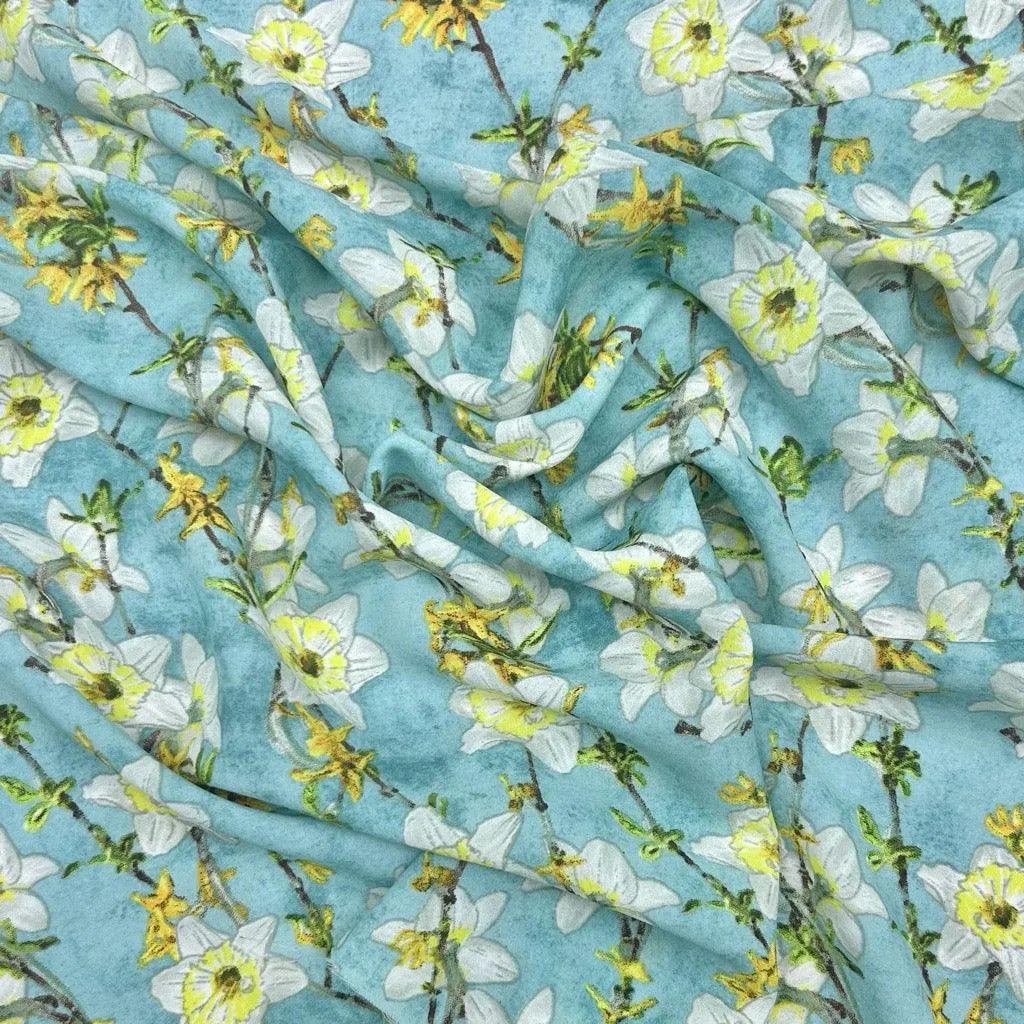 Blooms on Blue Crepe Fabric