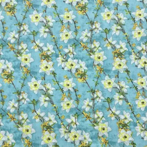 Blooms on Blue Crepe Fabric