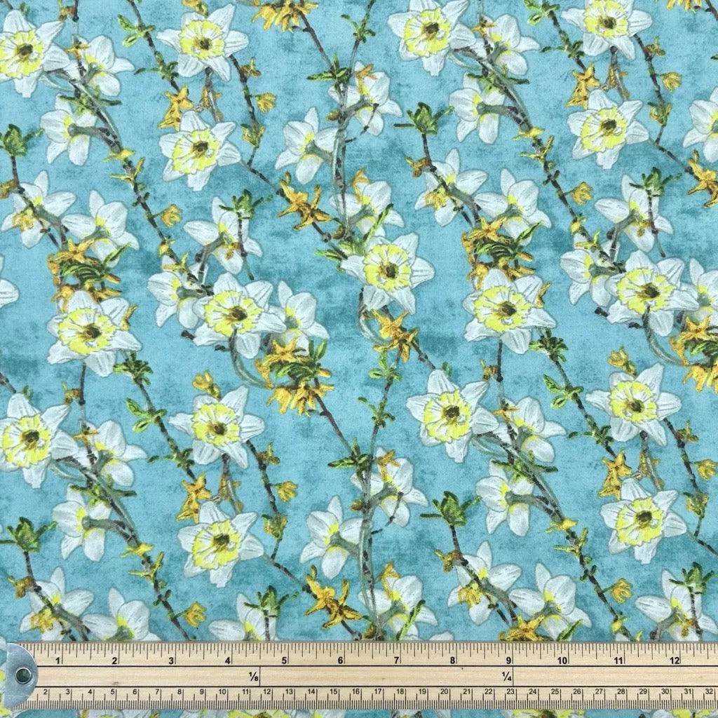 Blooms on Blue Crepe Fabric