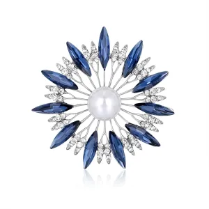 Blue Crystal & Cubic Zirconia Pearl Silver-Plated Sunflower Brooch