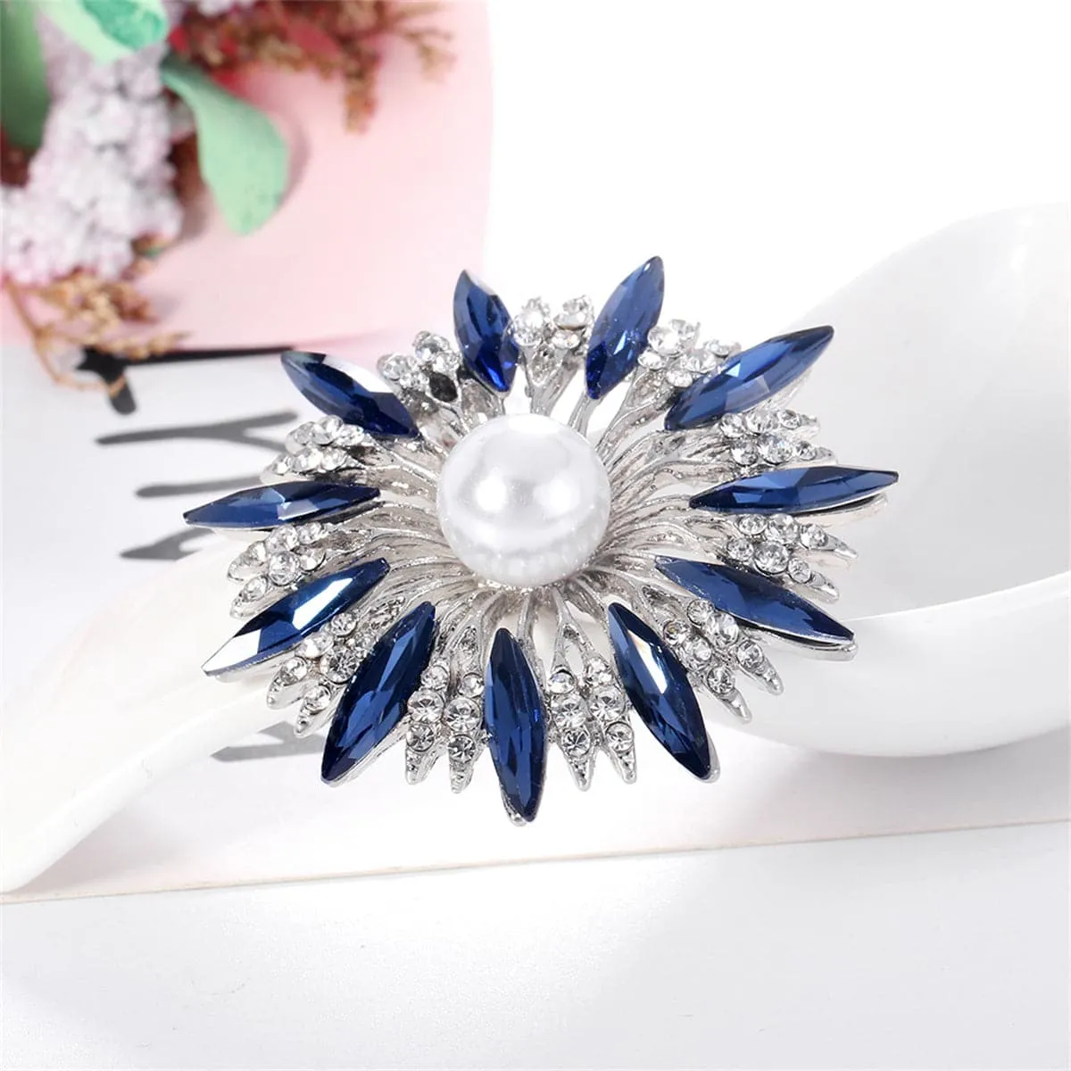 Blue Crystal & Cubic Zirconia Pearl Silver-Plated Sunflower Brooch