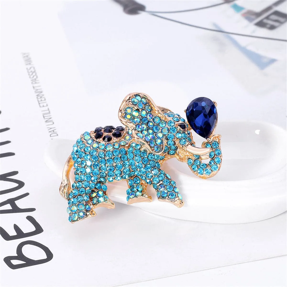 Blue Cubic Zirconia & Crystal Elephant Drop Brooch