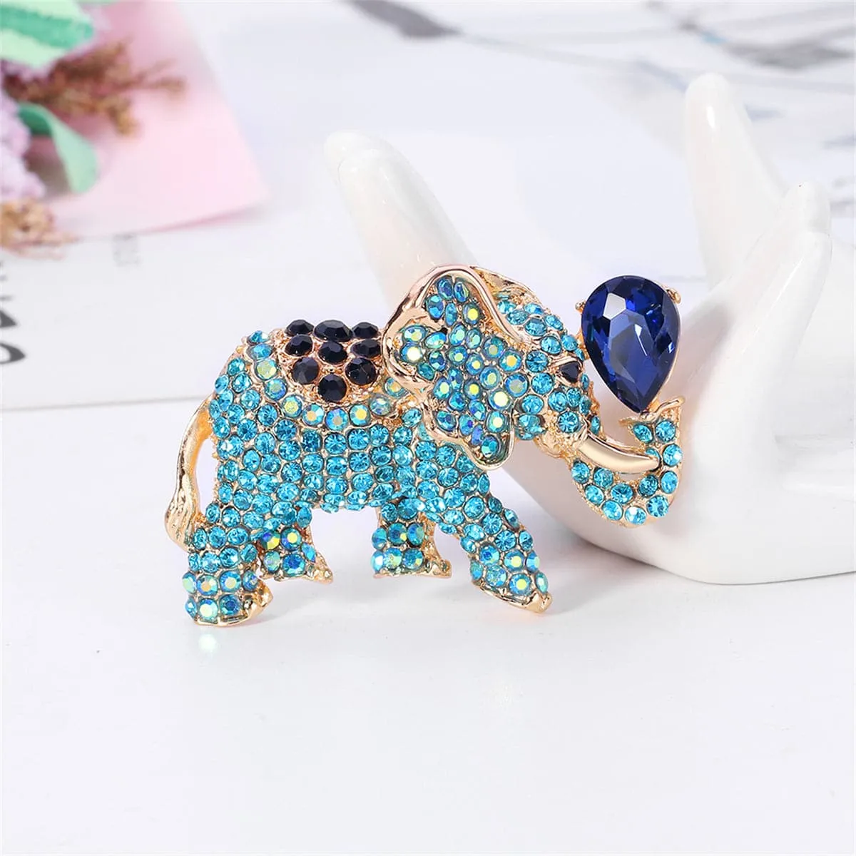 Blue Cubic Zirconia & Crystal Elephant Drop Brooch