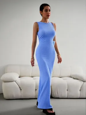 Blue High Neck Textured Maxi Dress