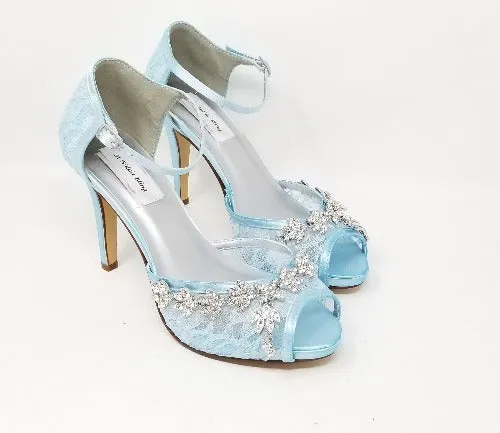 Blue Lace Bridal Shoes with Sparkling Crystal Vine Design