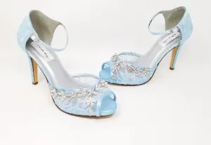 Blue Lace Bridal Shoes with Sparkling Crystal Vine Design