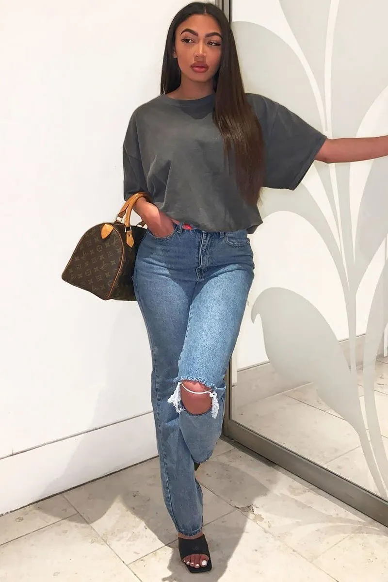 Blue Mid Wash Ripped Knee Straight Leg Jeans - Brilynn