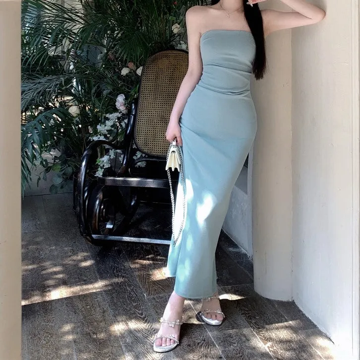 Blue Solid Tube Maxi Dress