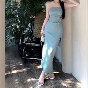 Blue Solid Tube Maxi Dress