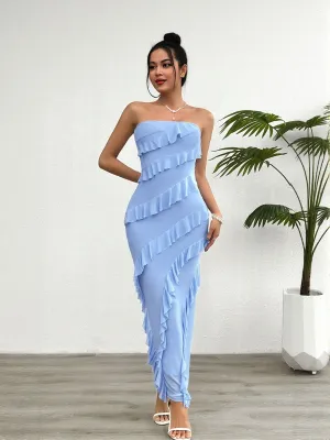 Blue Tube Dress With Tiered Frills