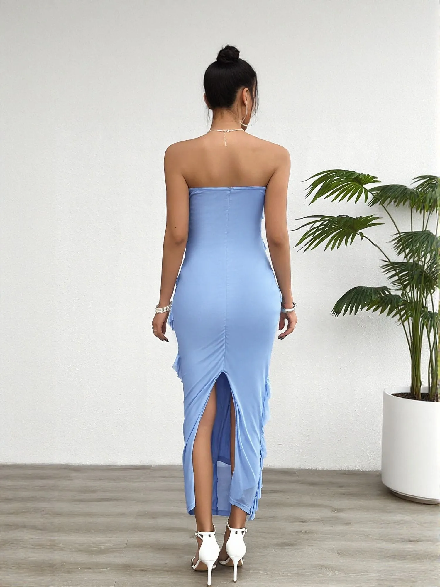 Blue Tube Dress With Tiered Frills
