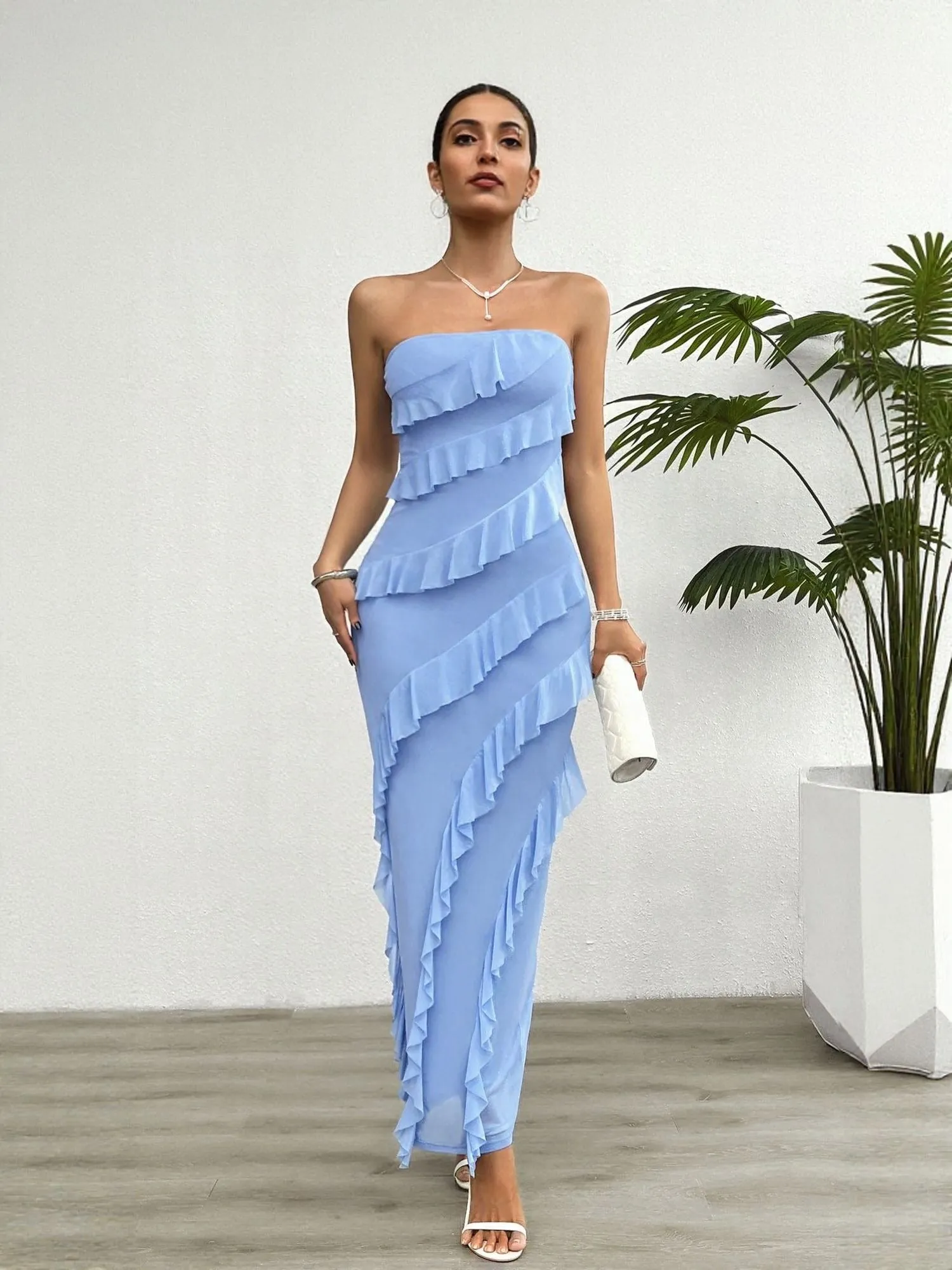 Blue Tube Dress With Tiered Frills