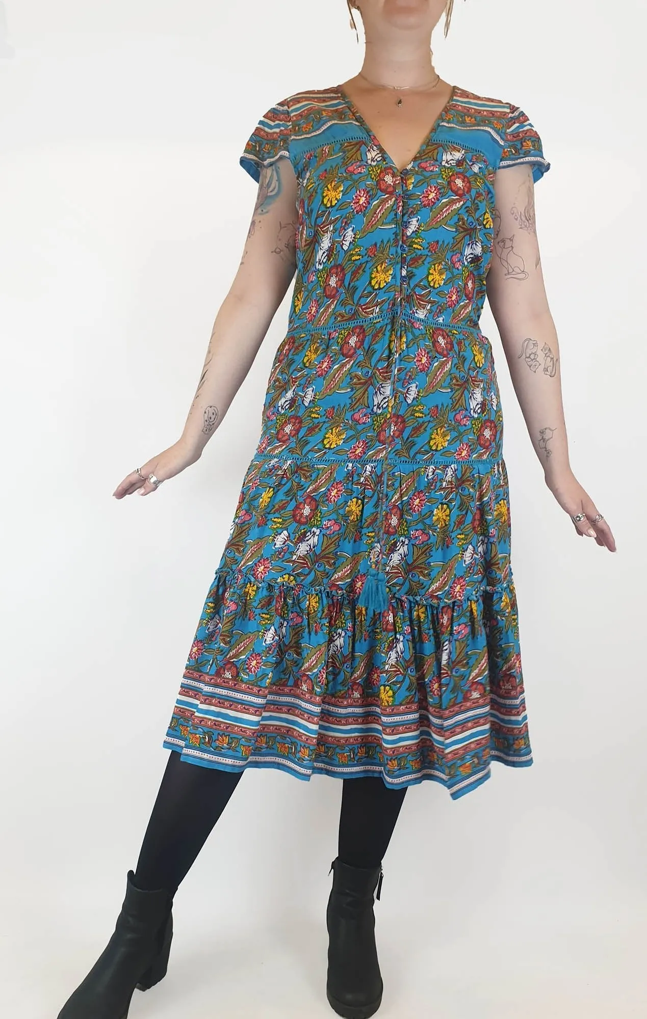 Boom Shankar blue floral print cap sleeve dress size 12