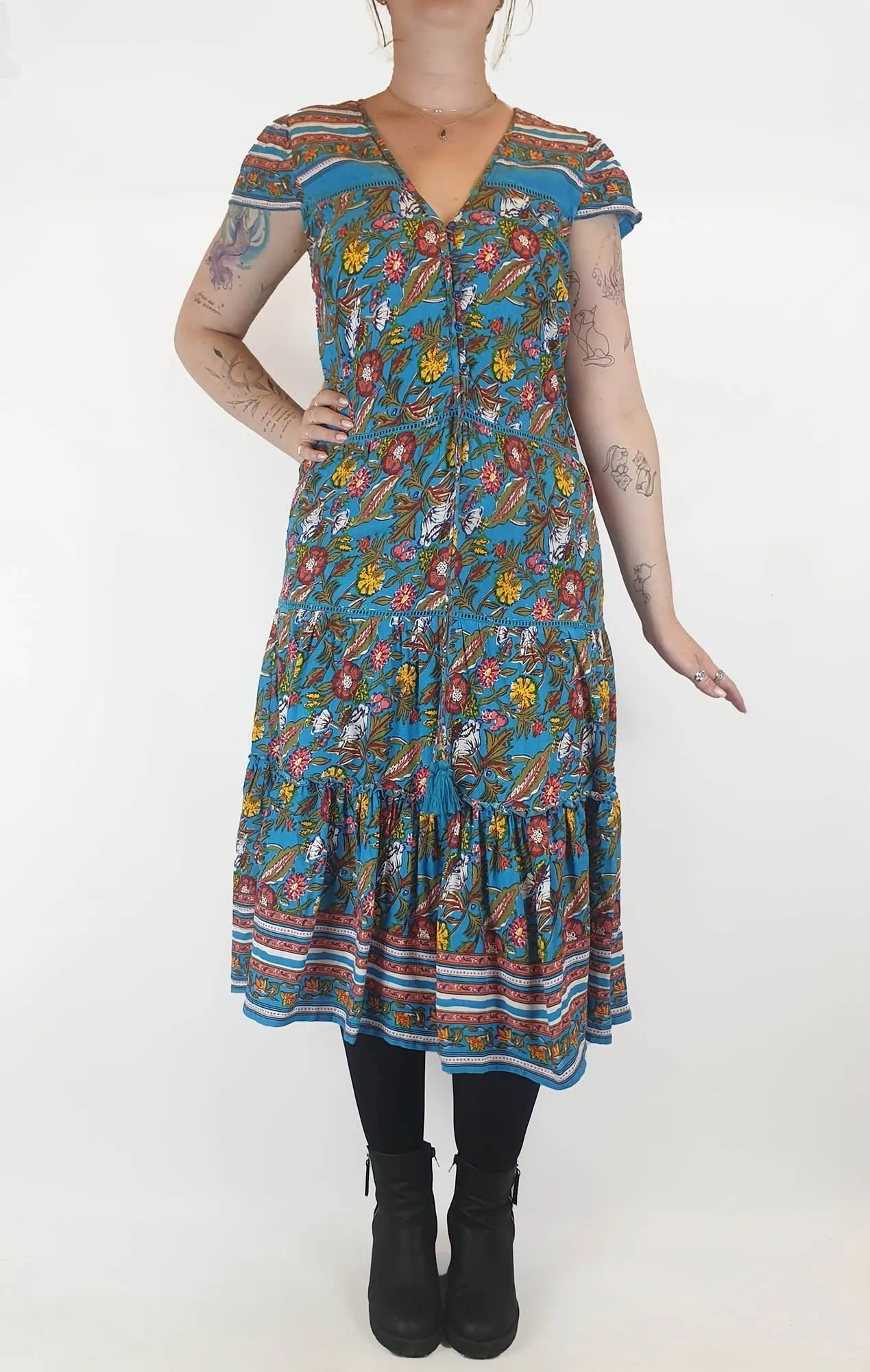 Boom Shankar blue floral print cap sleeve dress size 12