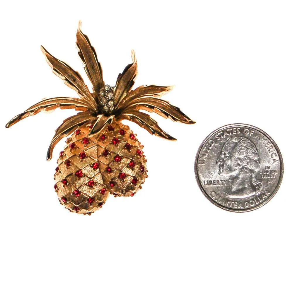 Boucher Pineapple Brooch, Gold Tone, Ruby Red Rhinestones, Signed Designer Vintage Jewelry