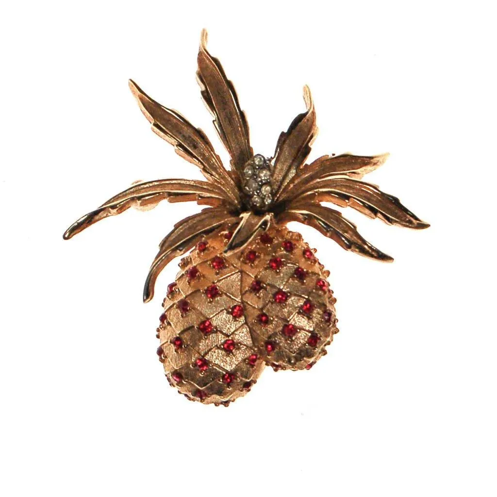 Boucher Pineapple Brooch, Gold Tone, Ruby Red Rhinestones, Signed Designer Vintage Jewelry