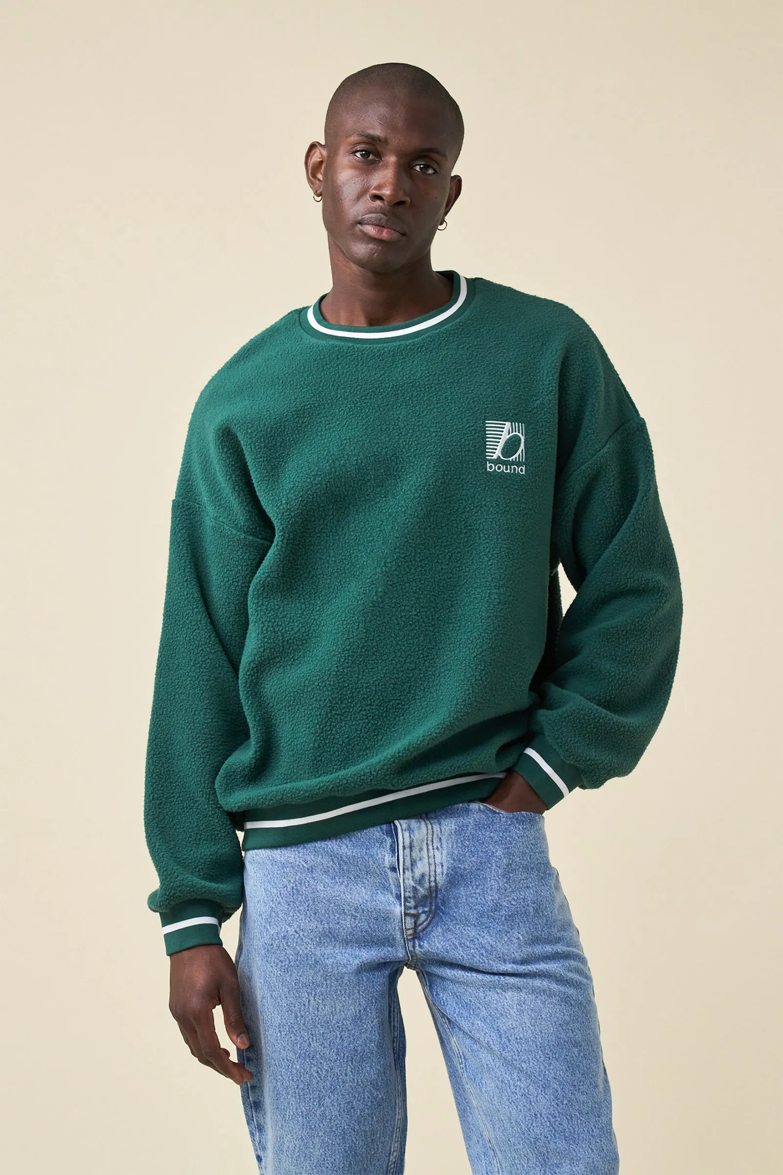bound Reverse Fleece Grid Sweater - Bottle Green
