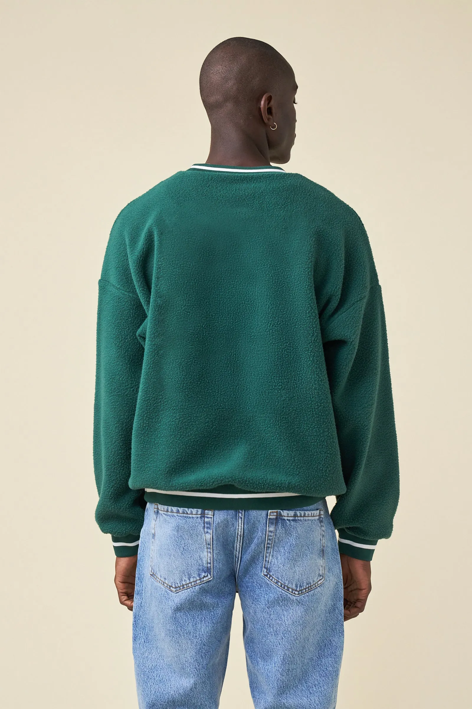 bound Reverse Fleece Grid Sweater - Bottle Green