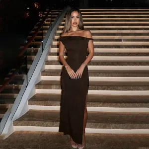 Brown Off-Shoulder Twisted Strap Dress