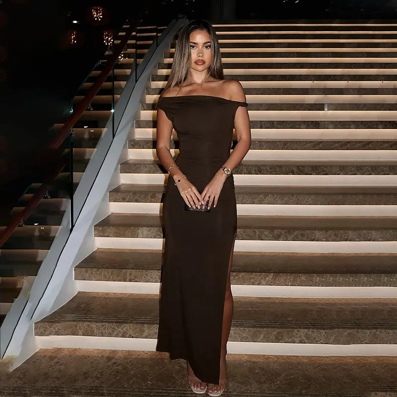 Brown Off-Shoulder Twisted Strap Dress