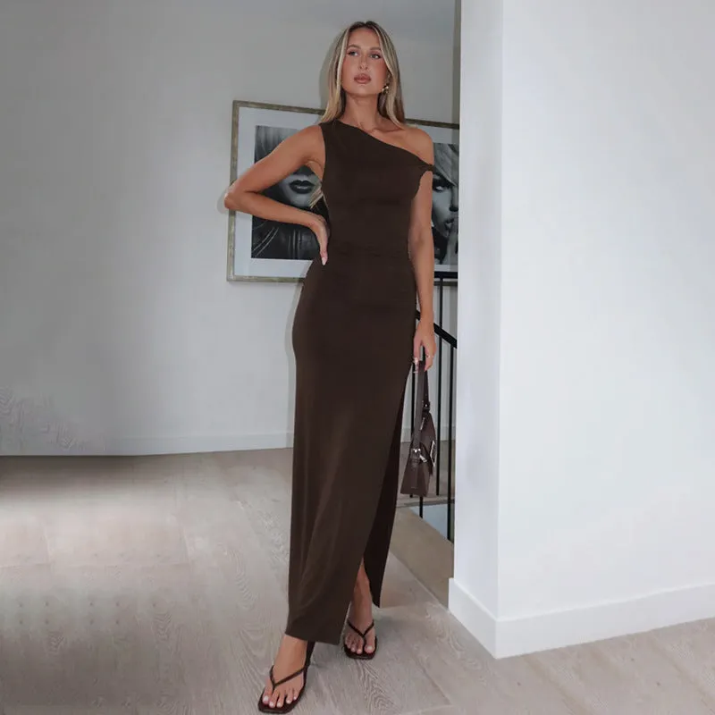 Brown Off-Shoulder Twisted Strap Dress