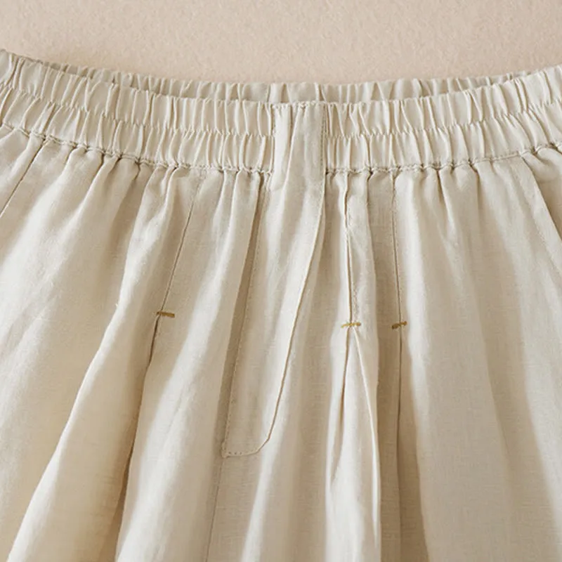 Buddha Stones Casual Solid Plain Color Cotton Linen Women's Shorts With Pockets