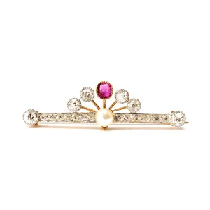 Burma Ruby Diamond and Pearl Brooch in 14 Karat Gold
