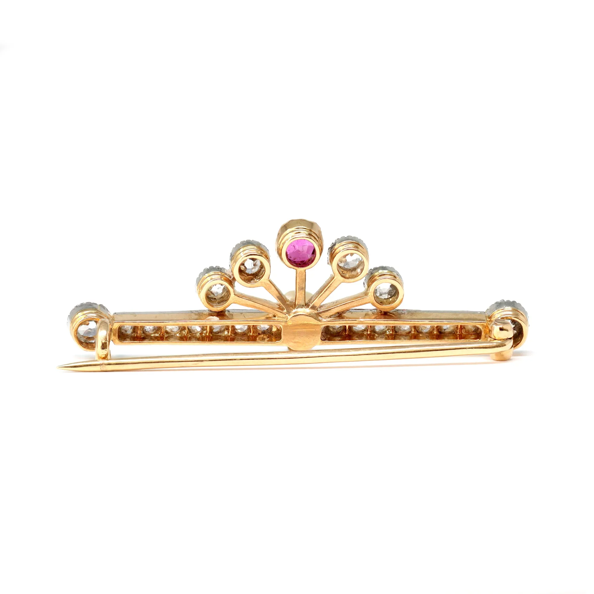 Burma Ruby Diamond and Pearl Brooch in 14 Karat Gold