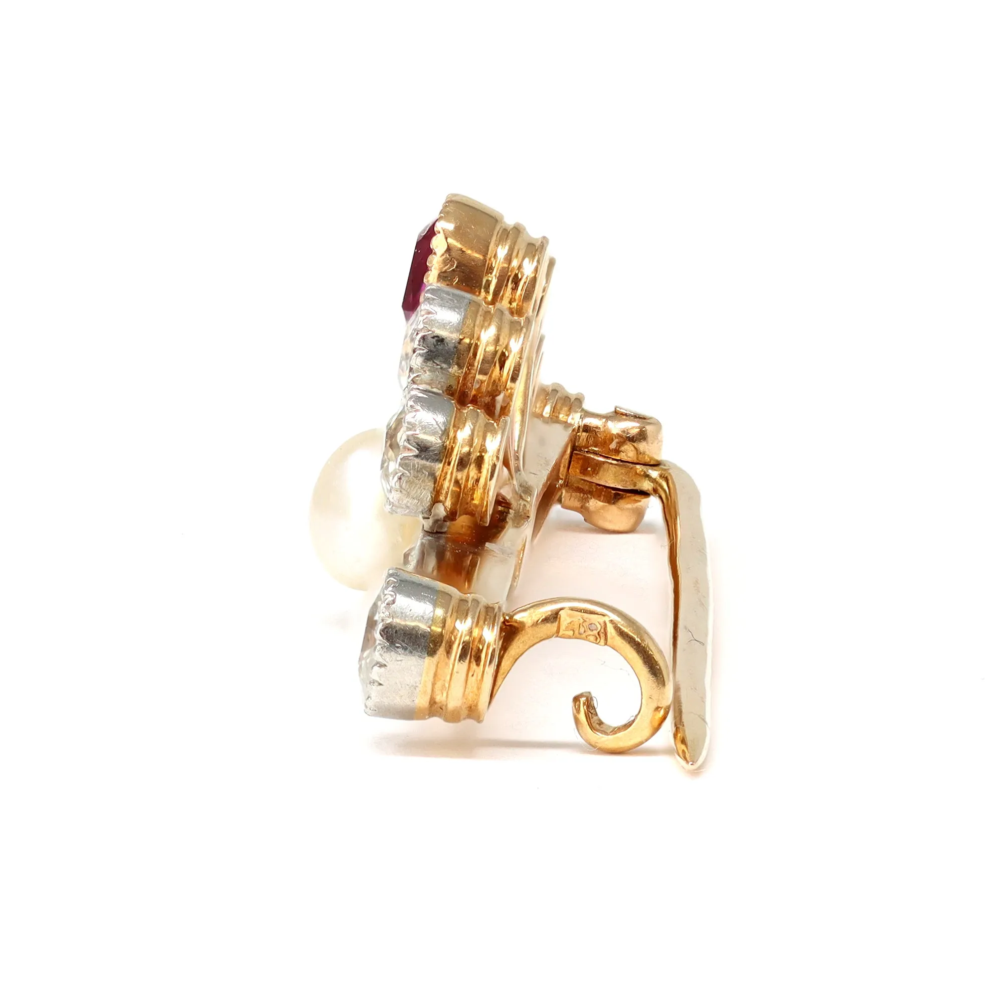 Burma Ruby Diamond and Pearl Brooch in 14 Karat Gold