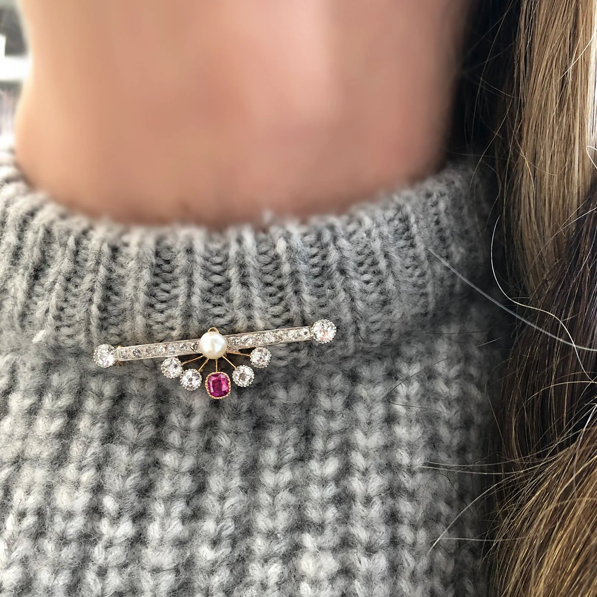 Burma Ruby Diamond and Pearl Brooch in 14 Karat Gold