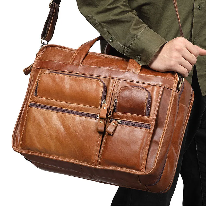 Business Travel Handbags Genuine Leather Brown Laptop Bags