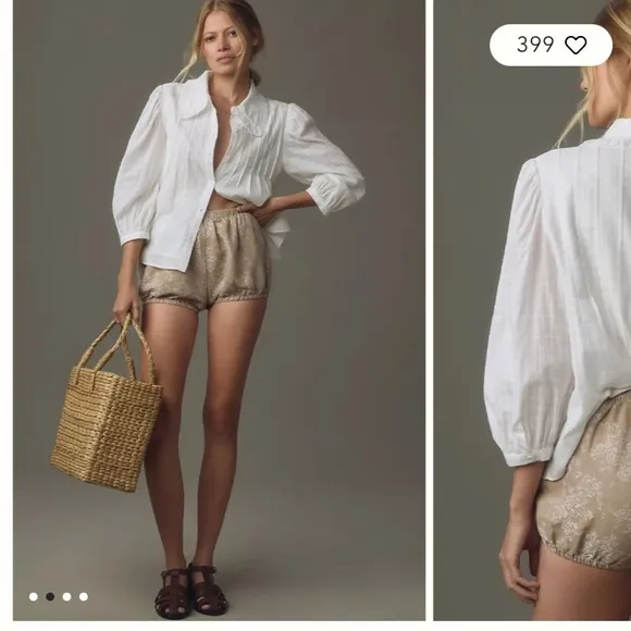 By Anthropologie linen jacquard bloomer tan shorts floral brown motif